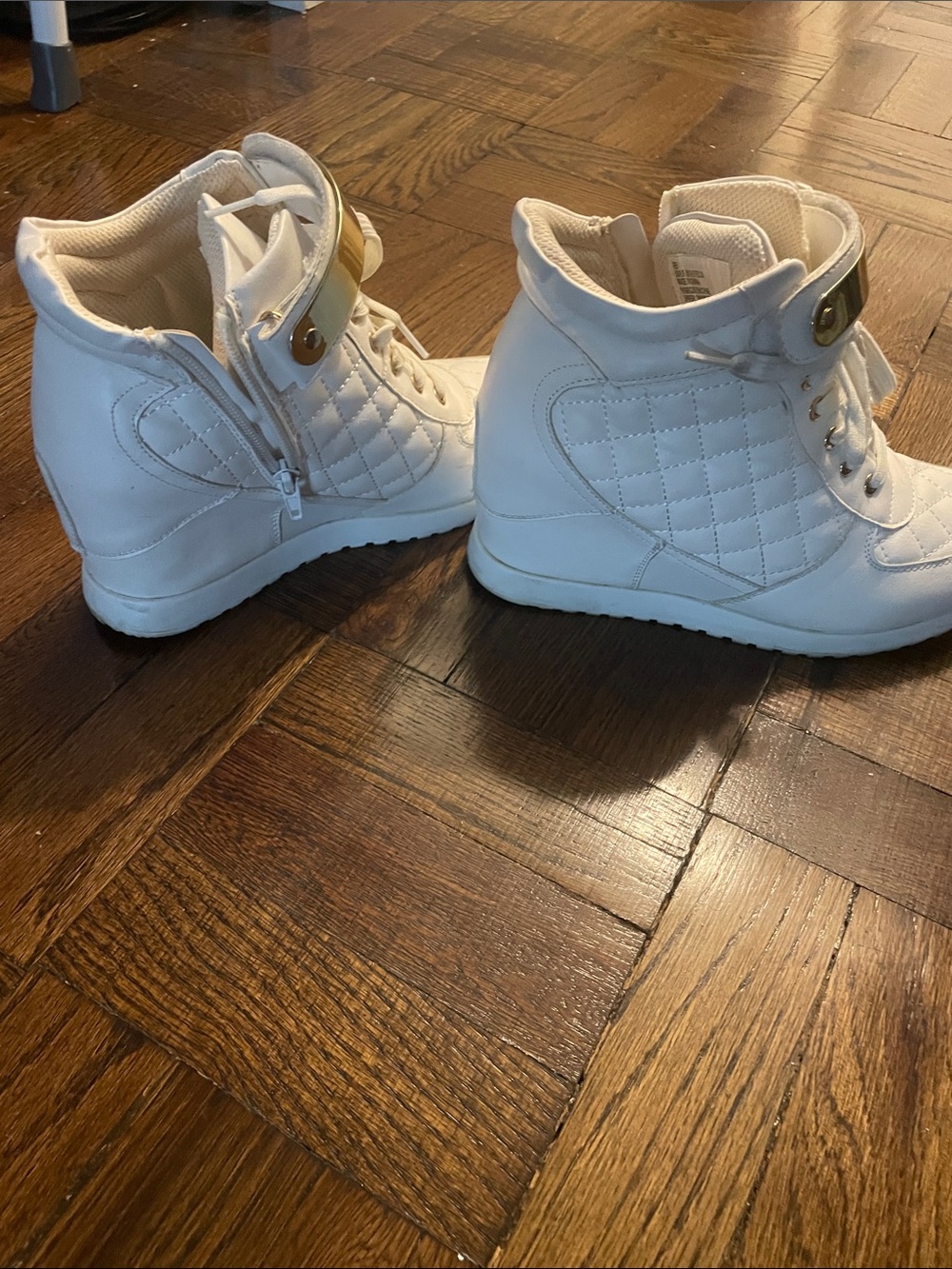Shoe Dazzle White Quilted Wedge Sneaker Boots with Gold Accent